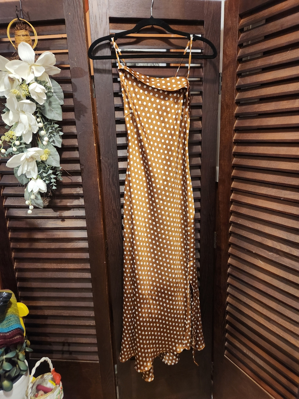 Astr Polka Dot Satin Midi Slip Dress in Brown and White